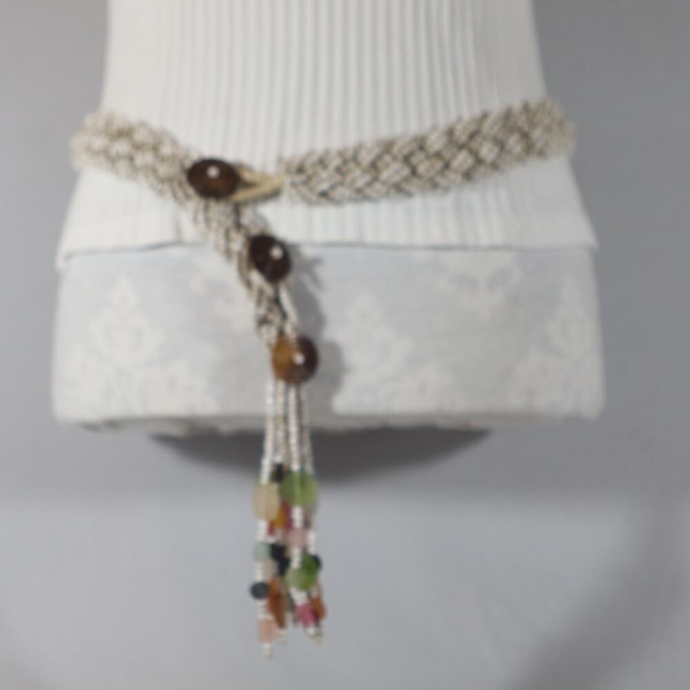 💎Vintage Belt Braided Strands Of Beige Brown Glass Beads Button Toggle Tassel